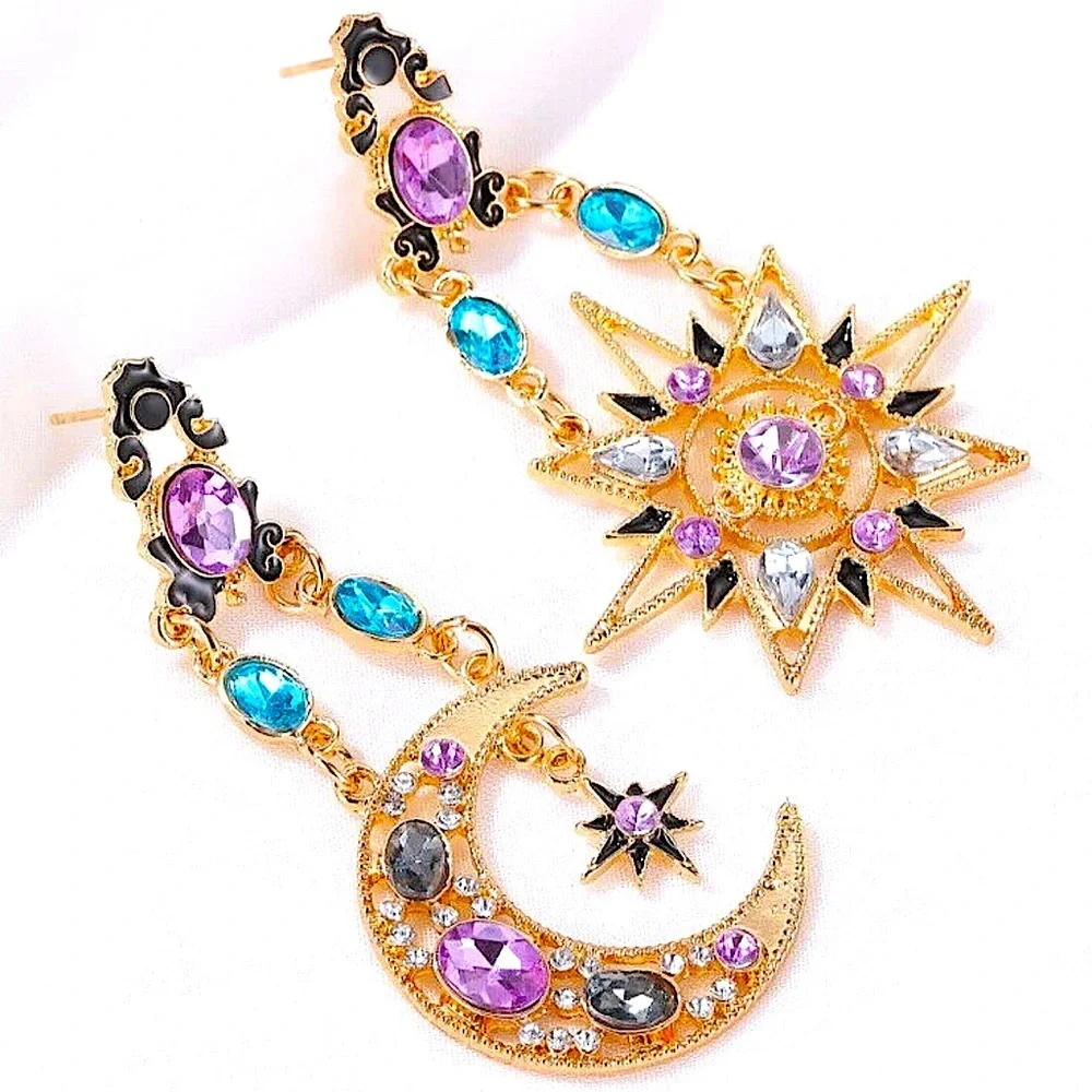 Celestial Moon Star Gold Plated Dangle Earrings Statement accent Stones - Picture 10 of 14
